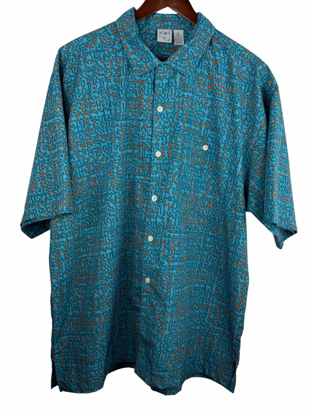OP Vintage | Blue Orange Print Button Short Sleeve Shirt